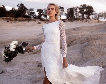 Long Sleeve Lace Wedding Dress, Open Back Bridal Dress With Slit, Unique Simple High Neck Wedding Dress, Ethically Made Gown - Faith Dress