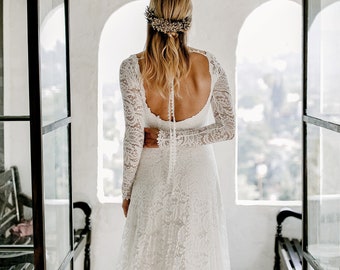 Boho Long Sleeve Lace Wedding Dress, Open Back Bohemian Bridal Dress With Slit, Simple Sweetheart Gown, Ethically Made - The Cascade Dress