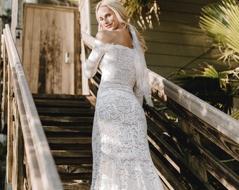 Off-The-Shoulder Wedding Dress, Long Sleeve Mermaid Wedding Dress, Bohemian  Lace Bridal Dress, Ethically Made Gown The Ayla Dress