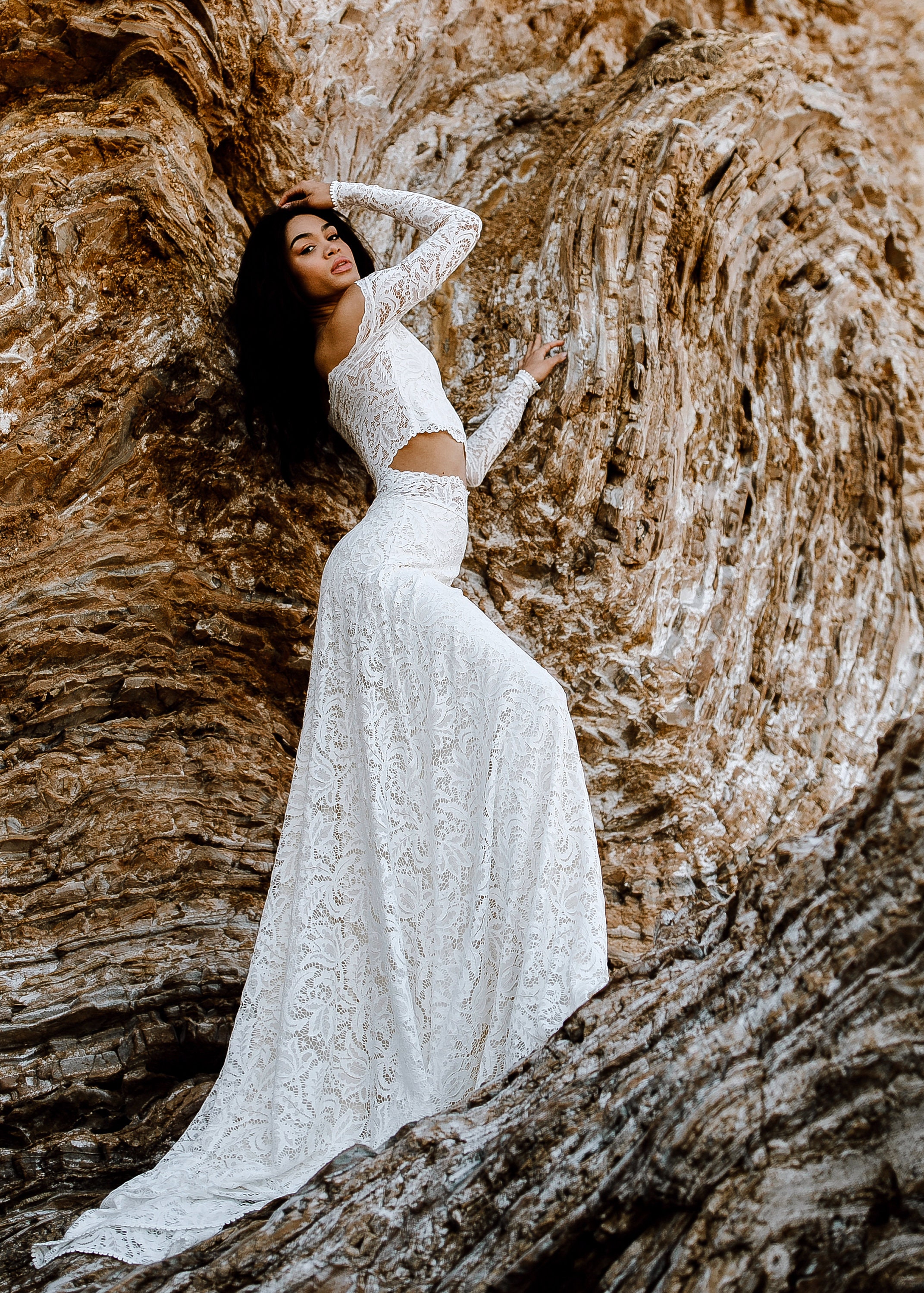 Two Piece Lace Wedding Dress, Boho Long Sleeve Bridal Top Skirt, Bohemian Off-The-Shoulder Bridal Separate, Ethically Made - The Emmy Dress Two Piece Lace Wedding Dress, Boho Long Sleeve Bridal Top Skirt, Bohemian Off-The-Shoulder Bridal Separate, Ethically Made - The Emmy Dress