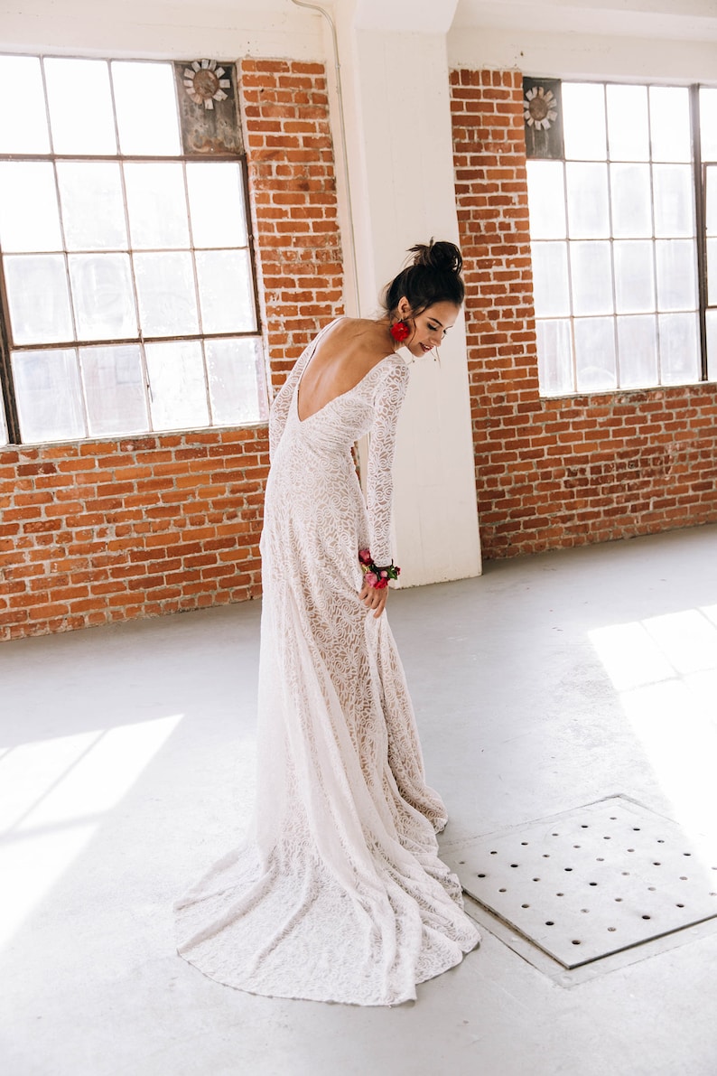 Low Back Wedding Dress, High Neck Bridal Dress With Sleeves, Long Sleeve Open Back Bridal Dress, Ethically Made Gown The Cleo Dress image 4