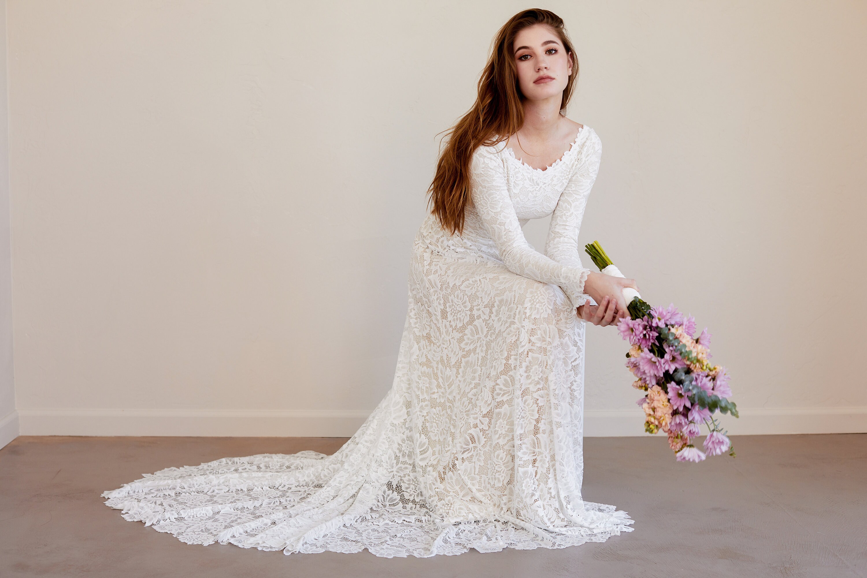 boat neck lace wedding dress