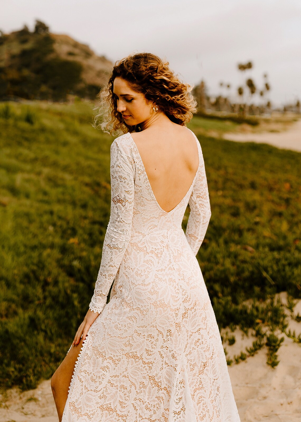 Backless Long Sleeve Wedding Dress Low Back Lace Boho Bridal | Etsy
