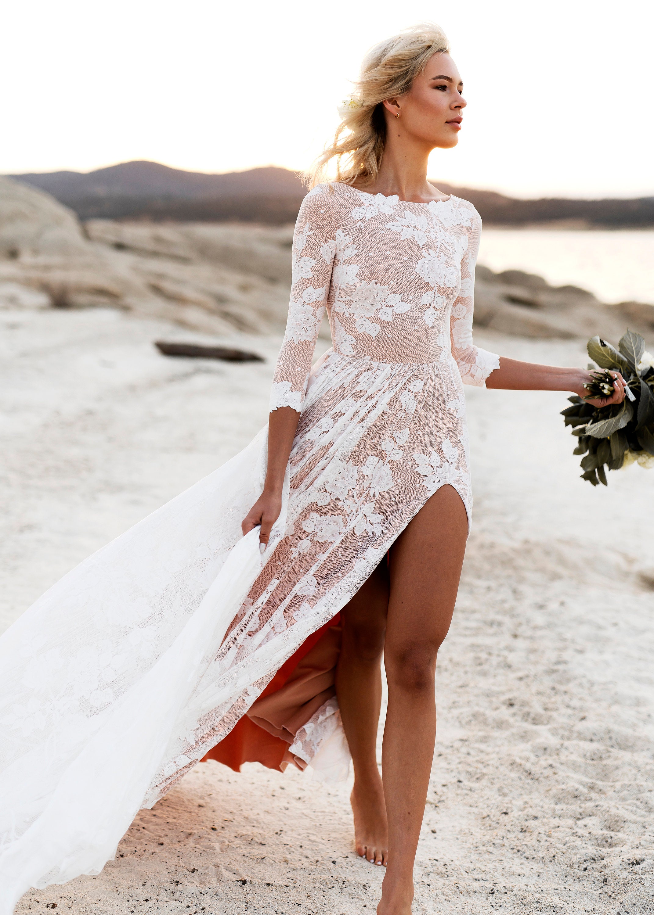 Long Sleeve Boho Wedding Dress, Open Back Lace Boat Neck Wedding Dress, Low  Back Bohemian Bridal Dress, Ethically Made Gown - the Ari Dress - Etsy