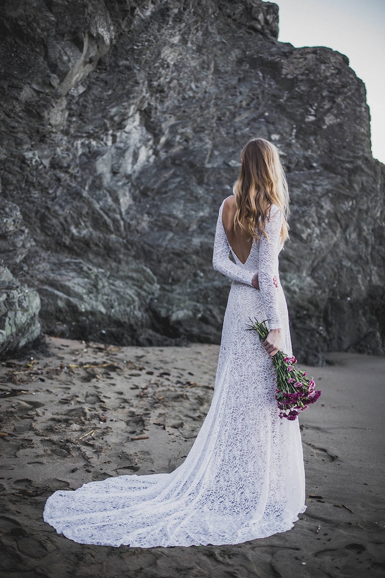 Low Back Wedding Dress, High Neck Bridal Dress With Sleeves, Long Sleeve Open Back Bridal Dress, Ethically Made Gown The Cleo Dress image 1