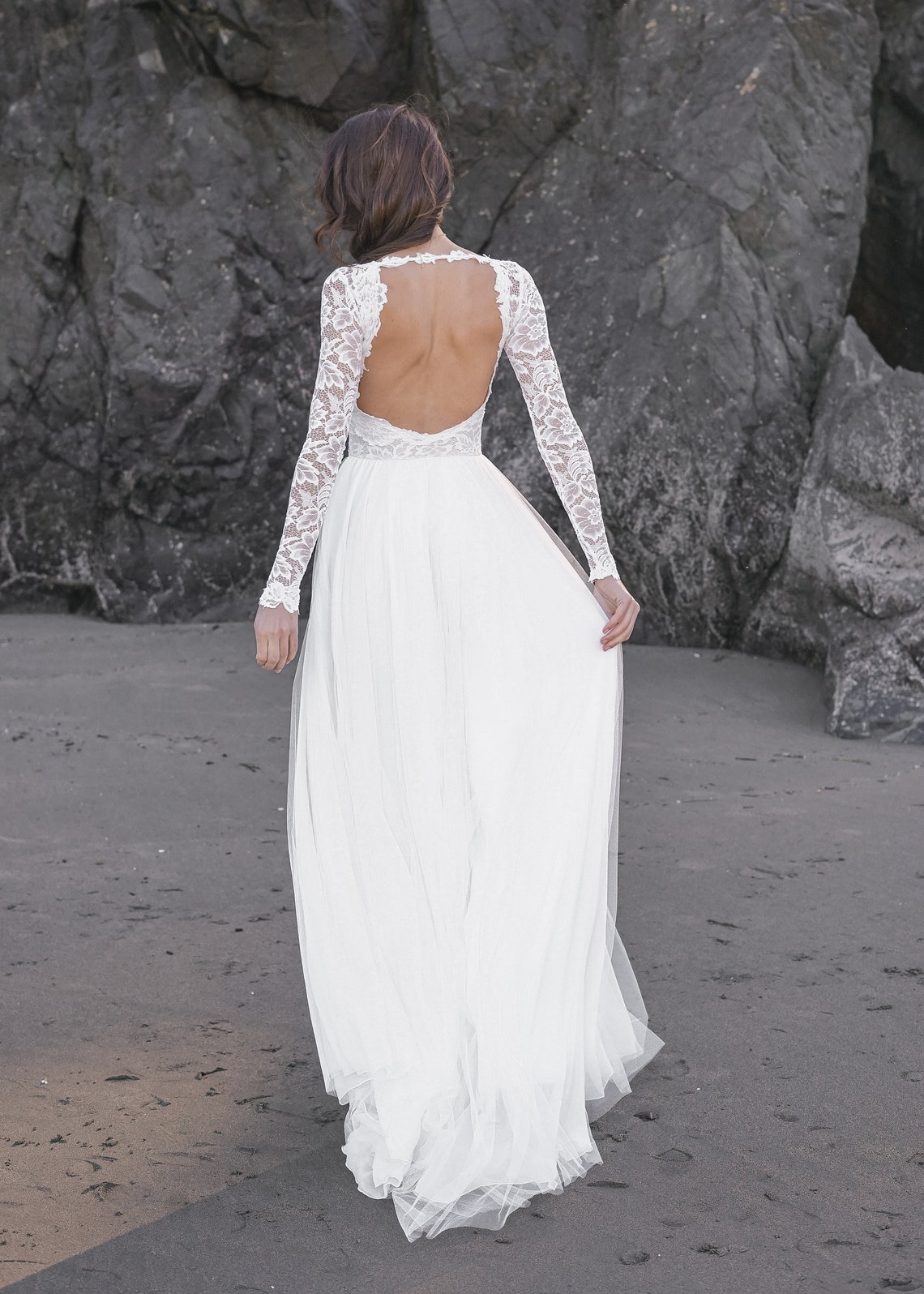 Long Sleeve Wedding Dress Open Back Wedding Dress Lace Etsy