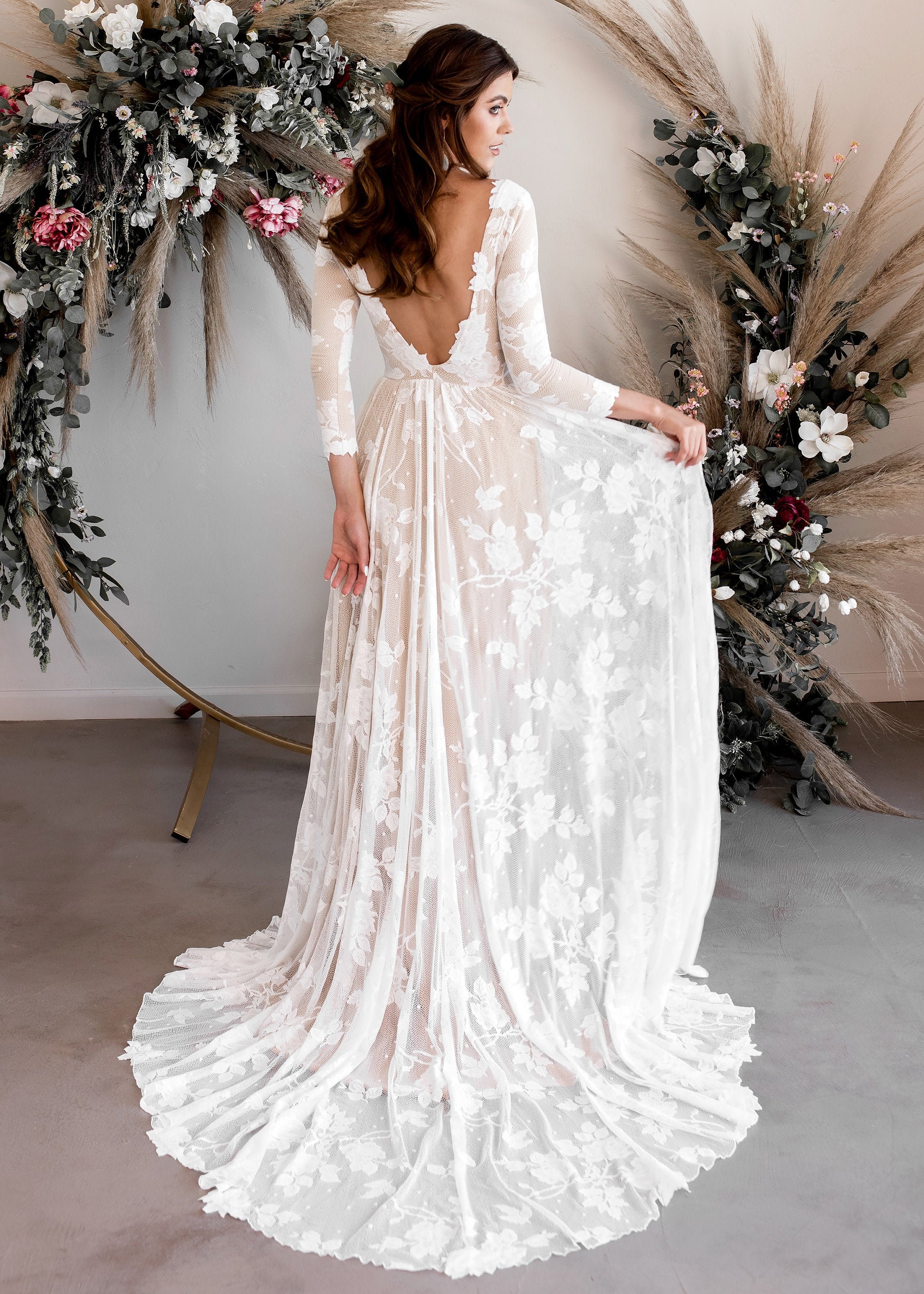 Sheer Neck Cap Sleeved Long Wedding Dress With Corset Low Back Lace Bodice Bridal  Gown With Removable Beaded Sash Bride Dress Custom Made From Bohobridal,  $105.53