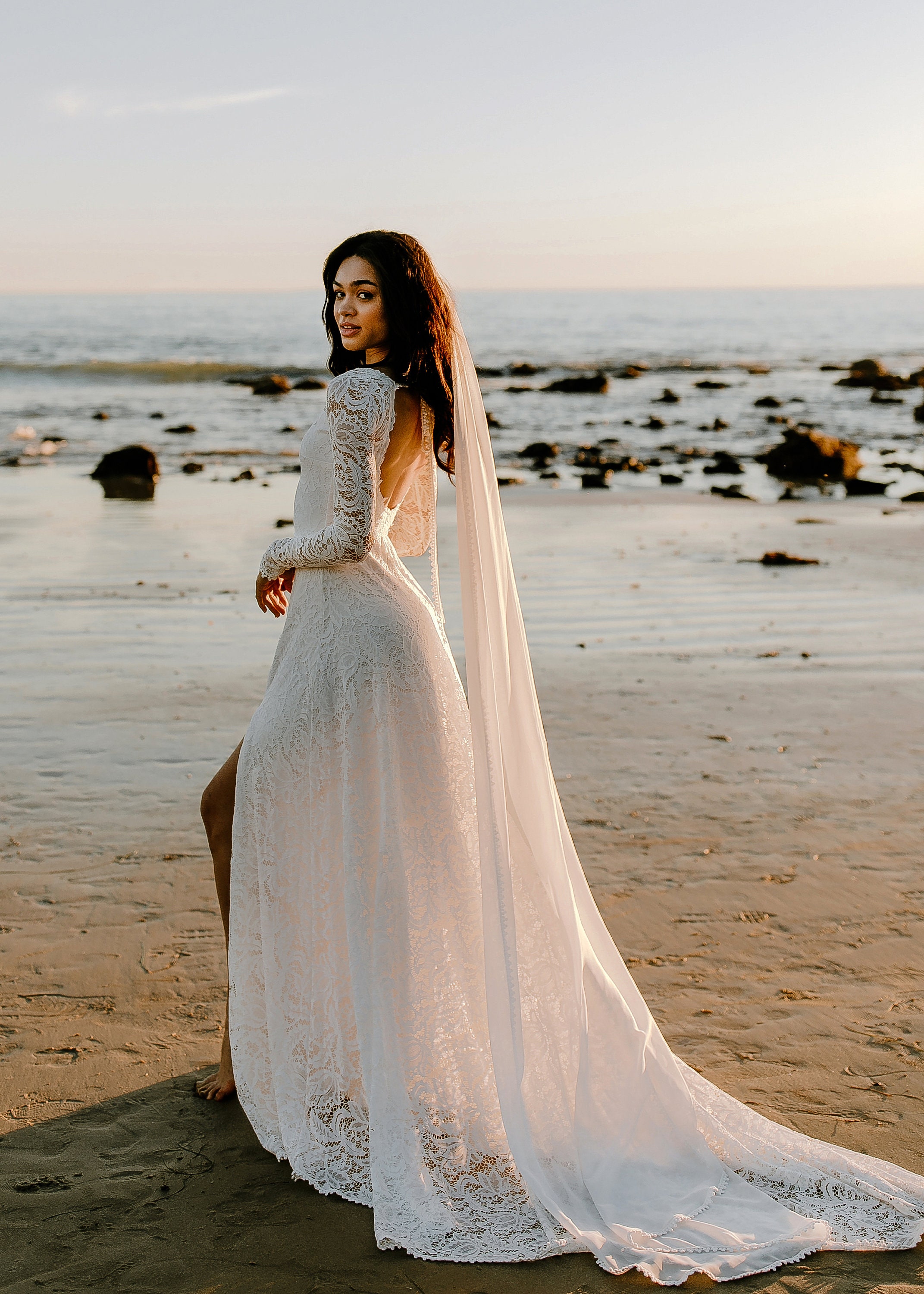 princess polly baby blue dress Boho Long Sleeve Lace Wedding Dress, Open Back Bohemian Bridal Dress With  Slit, Simple Sweetheart Gown, Ethically Made - the Cascade Dress