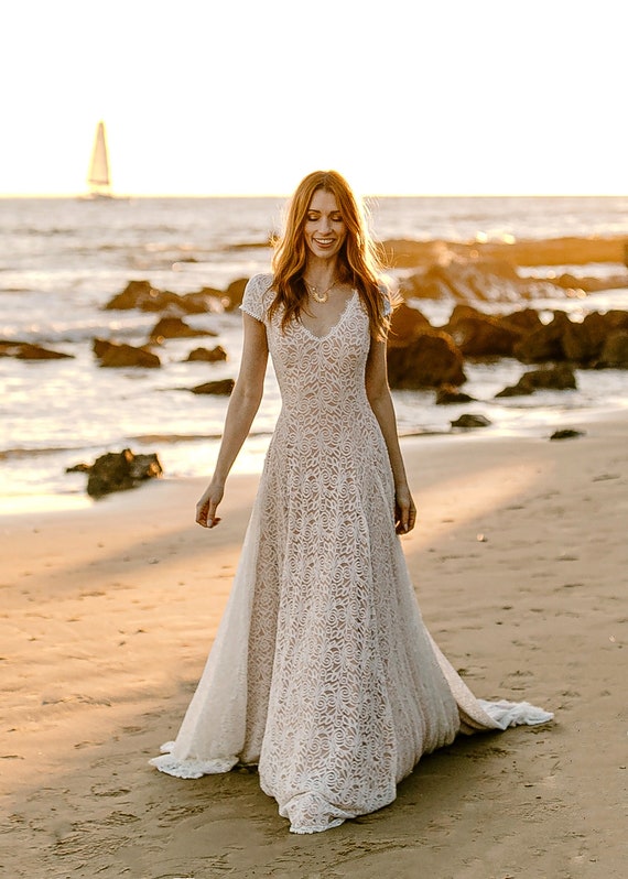 Boho Cap Sleeve Lace Wedding Dress Open 