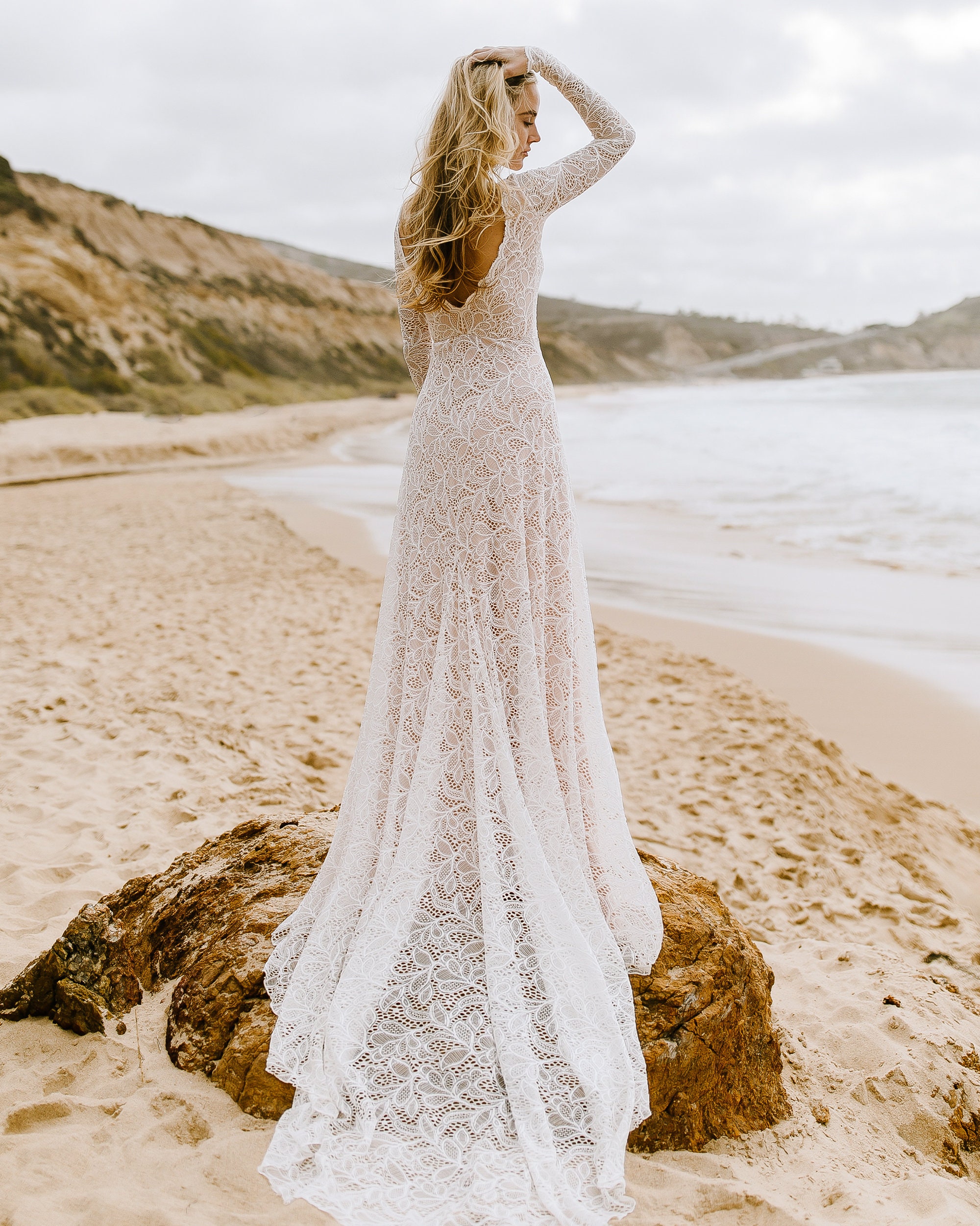 beach wedding dress long sleeve Ivory Long Cape Sleeve Lace Mermaid Trumpet Wedding Dress 36