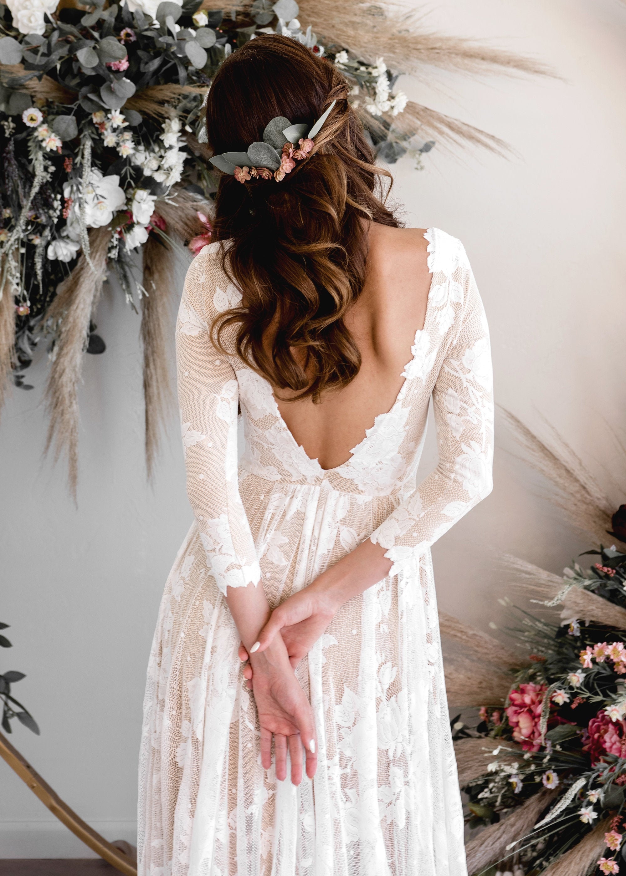 Long Sleeve Boho Wedding Dress, Open Back Lace Boat Neck Wedding Dress, Low Back Bohemian Bridal Dress, Ethically Made Gown - The Ari Dress