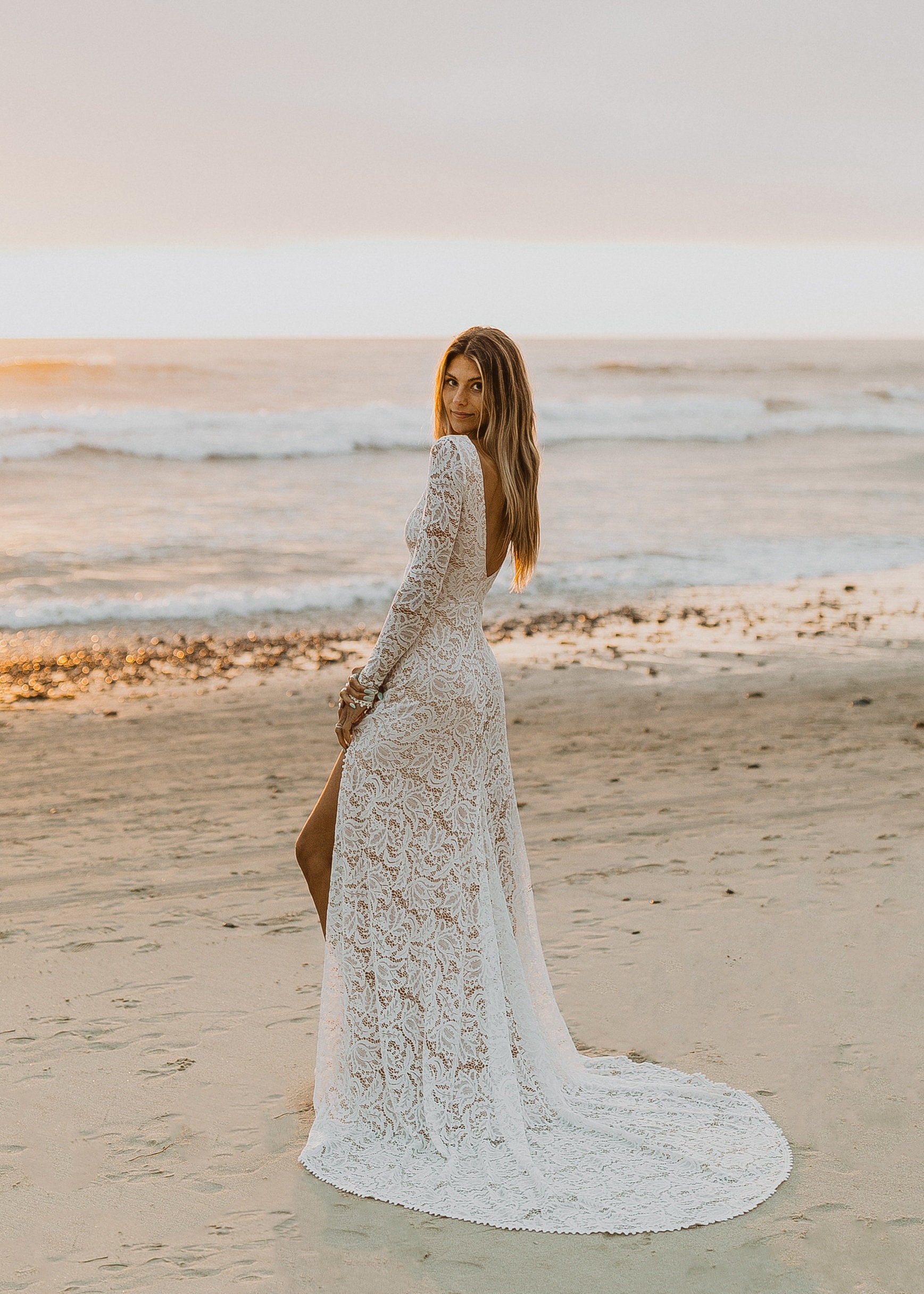 lace beach wedding dress with sleeves A-Line White Long Sleeve Mermaid Wedding Dress With Train main image 0