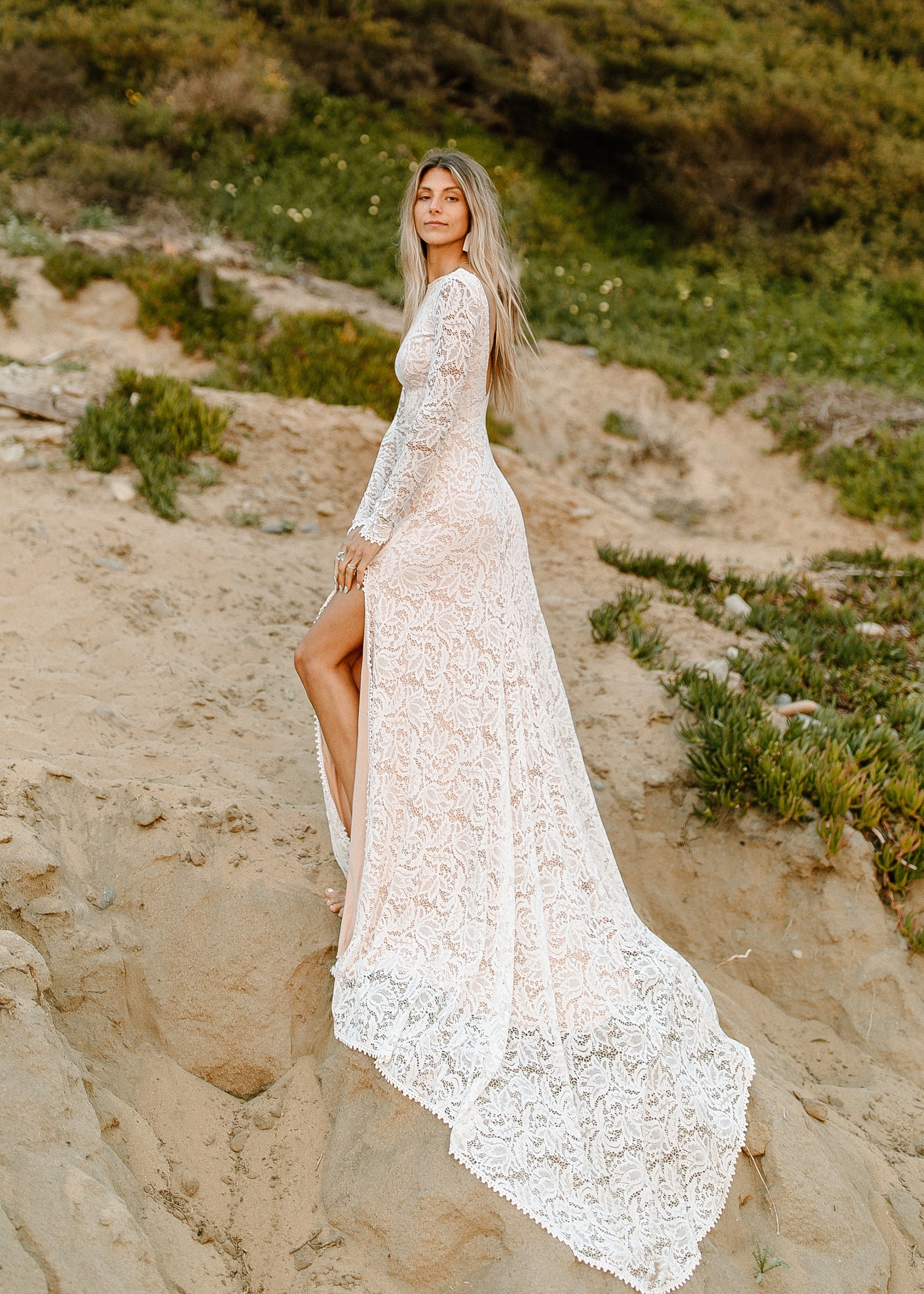 Long Sleeve Wedding Dress With Open Back, Bohemian Lace Wedding Dress,  A-line Boatneck Bridal Dress, Ethically Made Gown the Heila Dress -   Canada