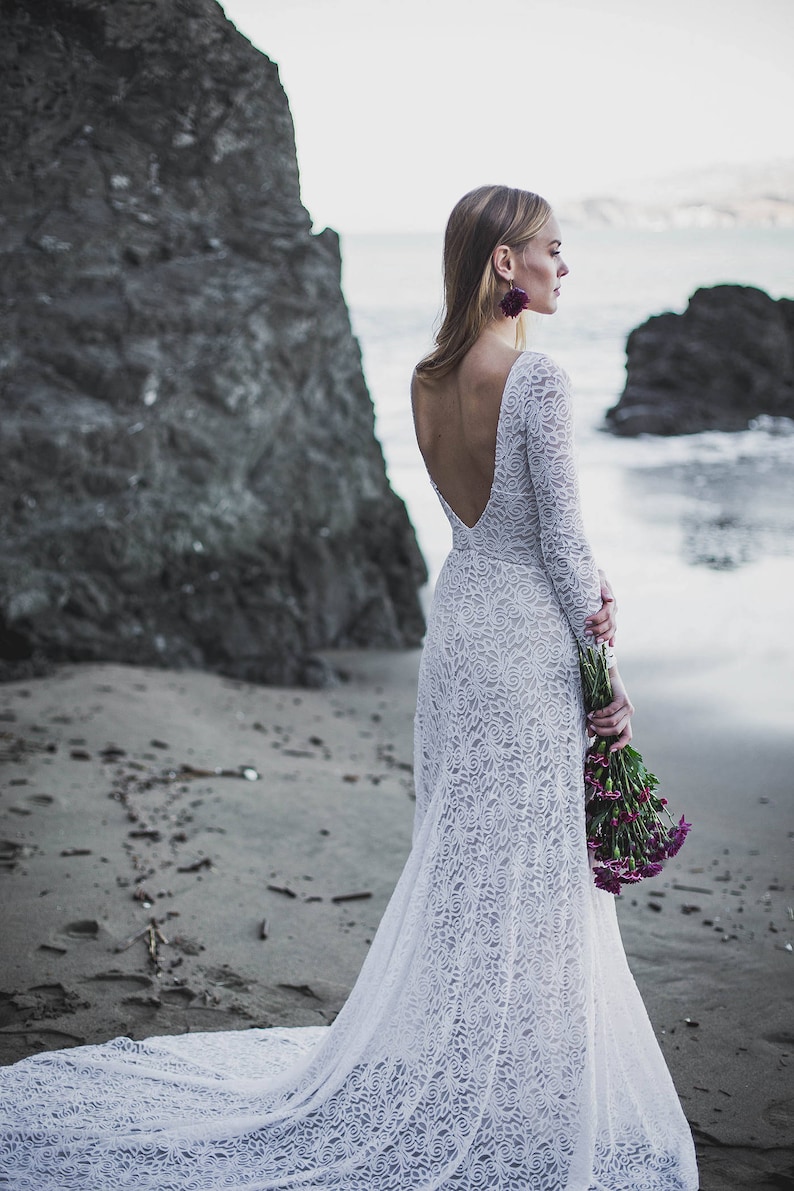 Low Back Wedding Dress, High Neck Bridal Dress With Sleeves, Long Sleeve Open Back Bridal Dress, Ethically Made Gown The Cleo Dress image 3