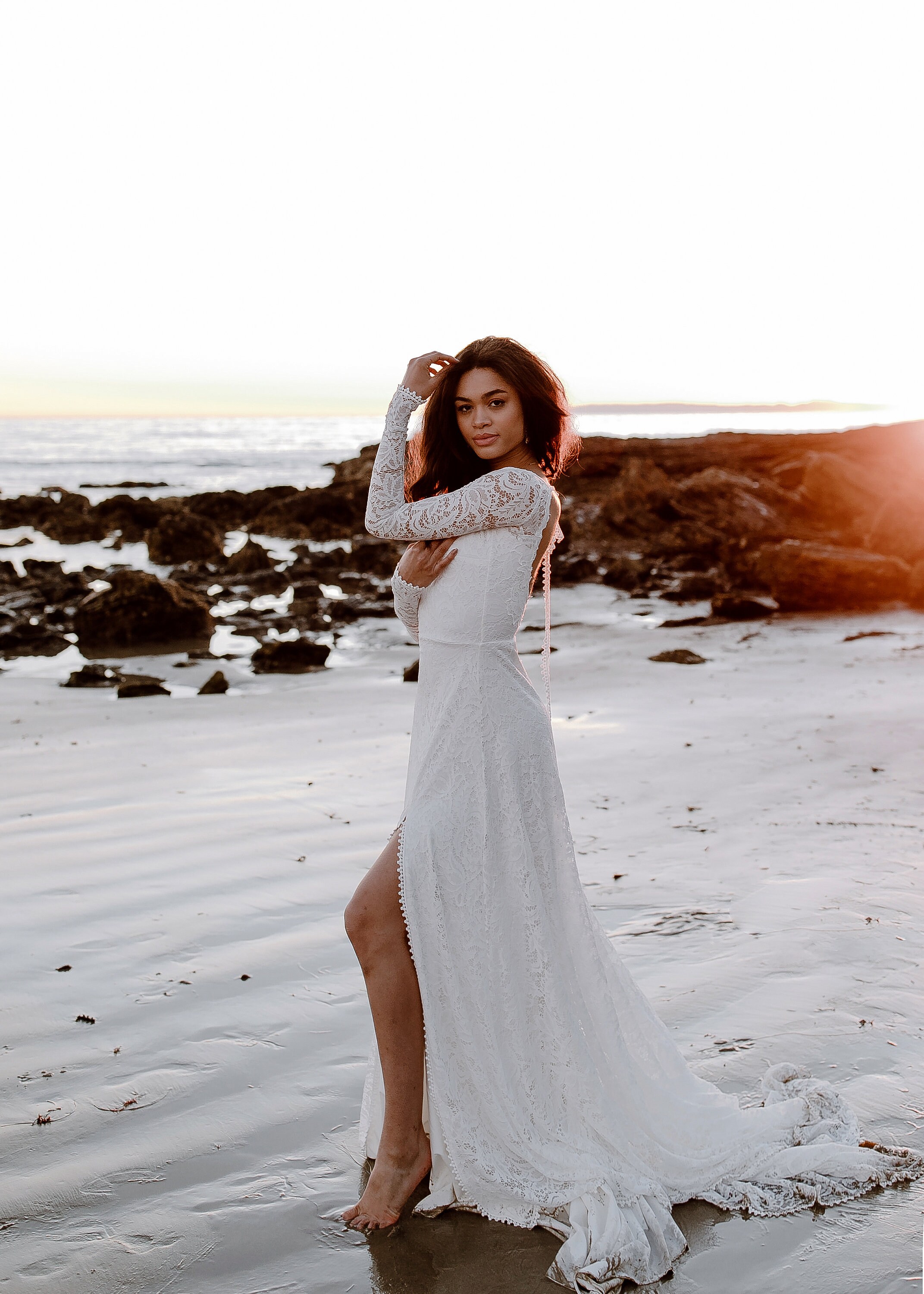 Boho Long Sleeve Lace Wedding Dress, Open Back Bohemian Bridal Dress With Slit, Simple Sweetheart Gown, Ethically Made - The Cascade Dress Boho Long Sleeve Lace Wedding Dress, Open Back Bohemian Bridal Dress With Slit, Simple Sweetheart Gown, Ethically Made - The Cascade Dress