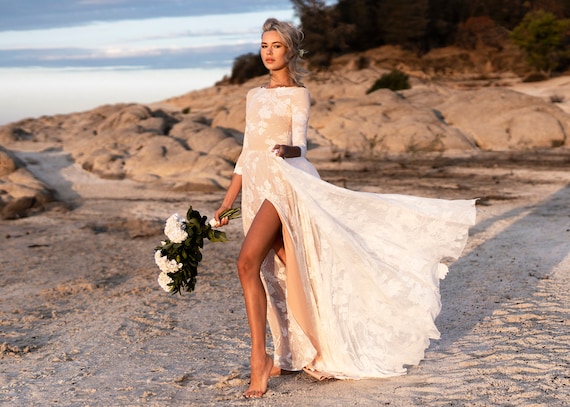 Sleeve Boho Wedding Dress Open Back Lace Boat Neck Etsy