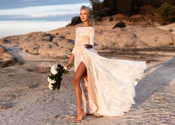 Long Sleeves Lace High Neck High Low Wedding Dress Long Sleeves Lace High Neck High Low Wedding Dress