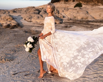 Illusion Plunge Long Sleeve Lace Wedding Dress