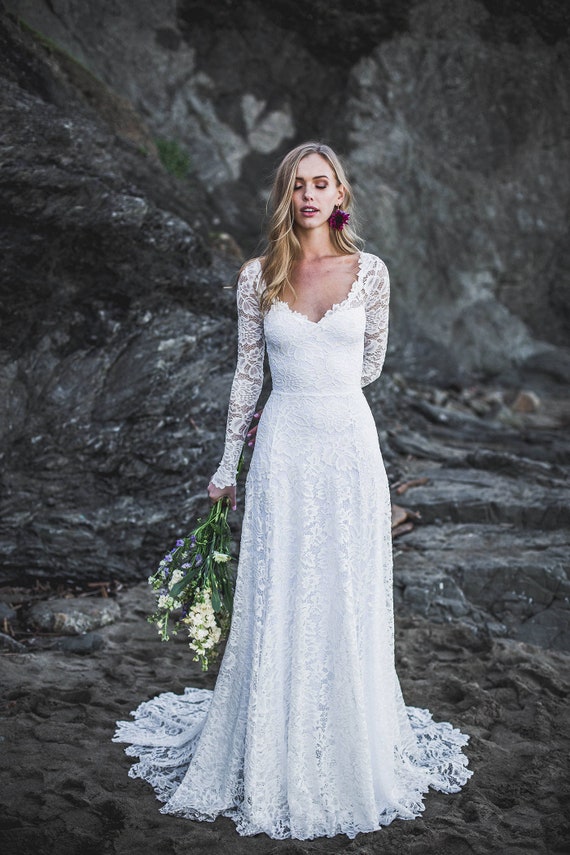 Usa Made Low Back Wedding Dress Organic Long Sleeve Wedding Etsy
