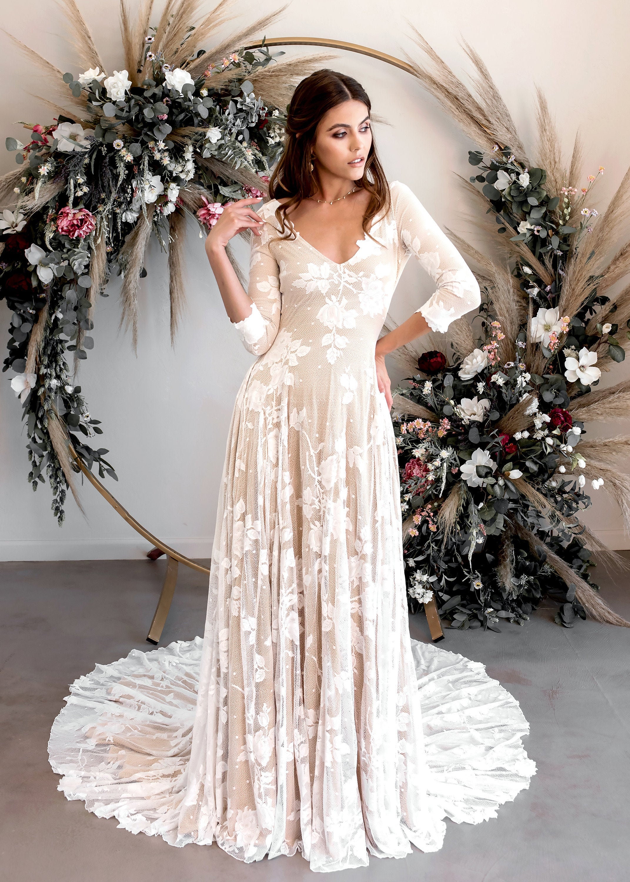 Floral Lace Open Back Wedding Dress Long Sleeve Wedding Etsy