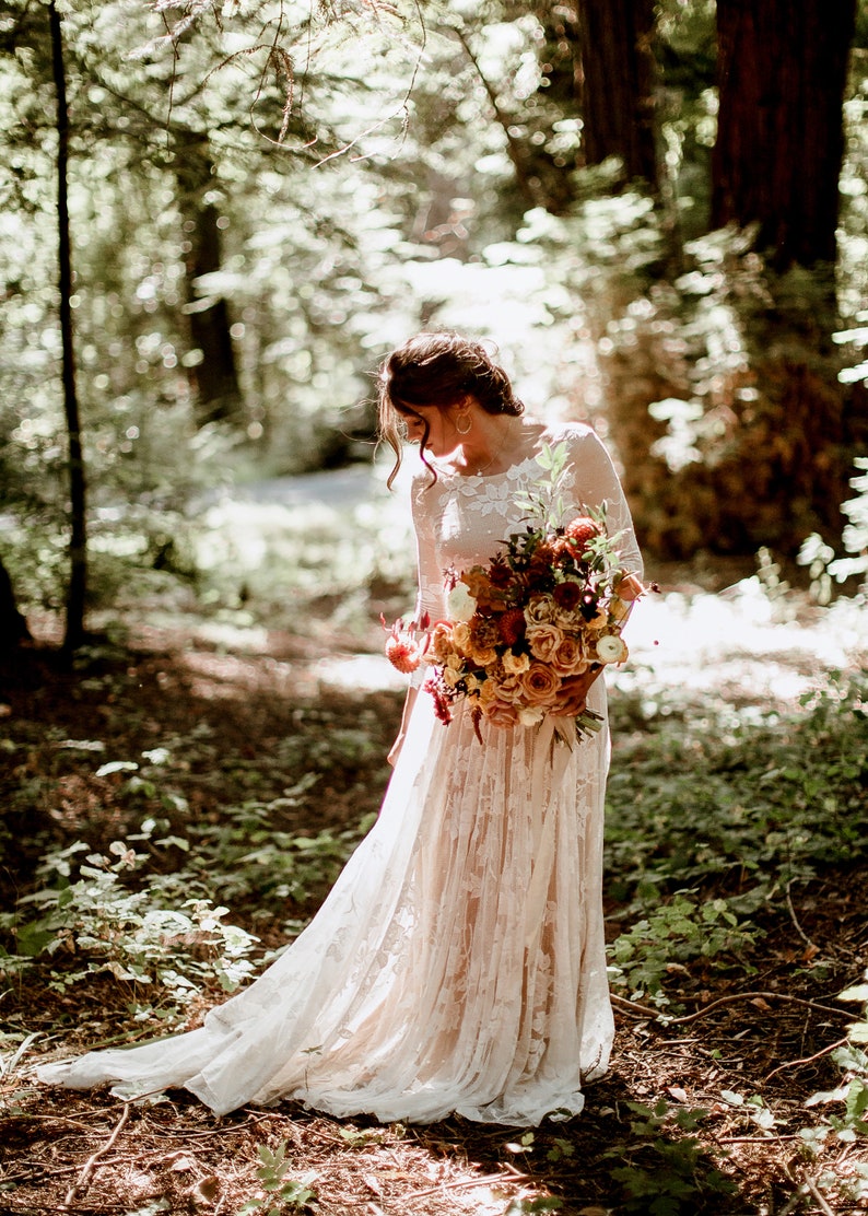 Rose Lace Wedding Dress Long Sleeve Cottagecore Bridal Dress - Etsy