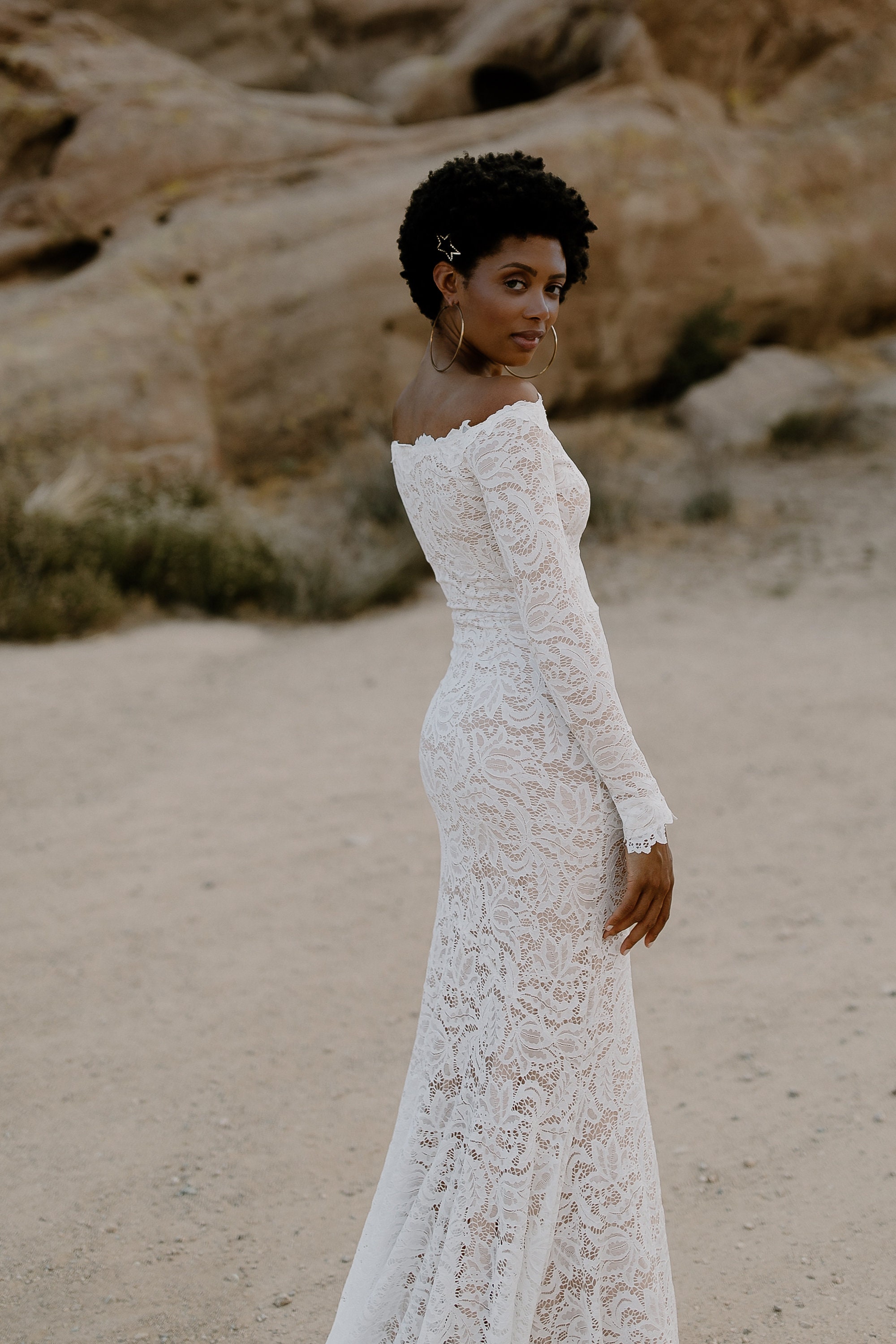 Off-The-Shoulder Wedding Dress, Long Sleeve Mermaid Wedding Dress, Bohemian Lace Bridal Dress, Ethically Made Gown - The Ayla Dress