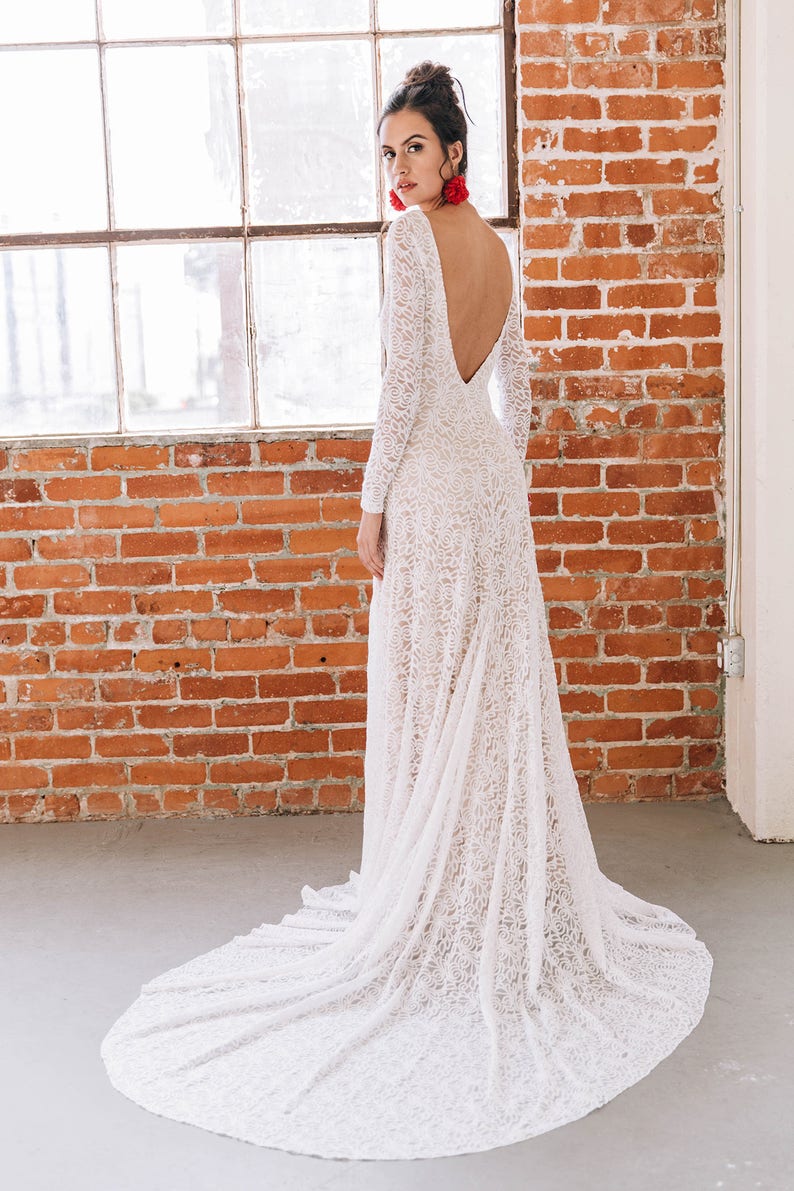 Low Back Wedding Dress, High Neck Bridal Dress With Sleeves, Long Sleeve Open Back Bridal Dress, Ethically Made Gown The Cleo Dress image 5