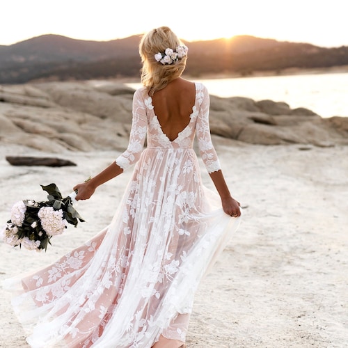 Boho Lace Chiffon Long Wedding Dress
