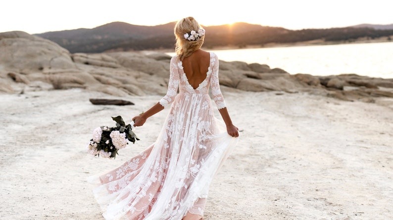 Long Sleeve Boho Wedding Dress, Open Back Lace Boat Neck Wedding Dress, Low Back Bohemian Bridal Dress, Ethically Made Gown The Ari Dress image 1