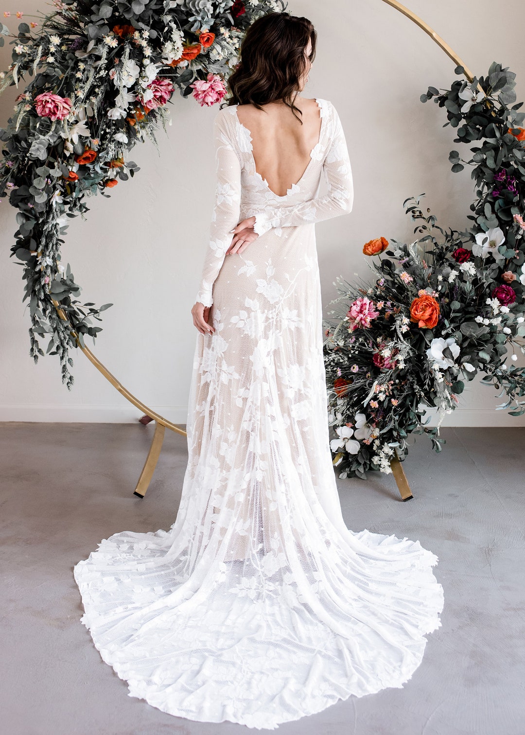 【BAU by Bride And You】RIBBON DETAILED LACE LONG DRESS Open Back Boho Wedding Dress, Long Sleeve V-back Bridal Gown