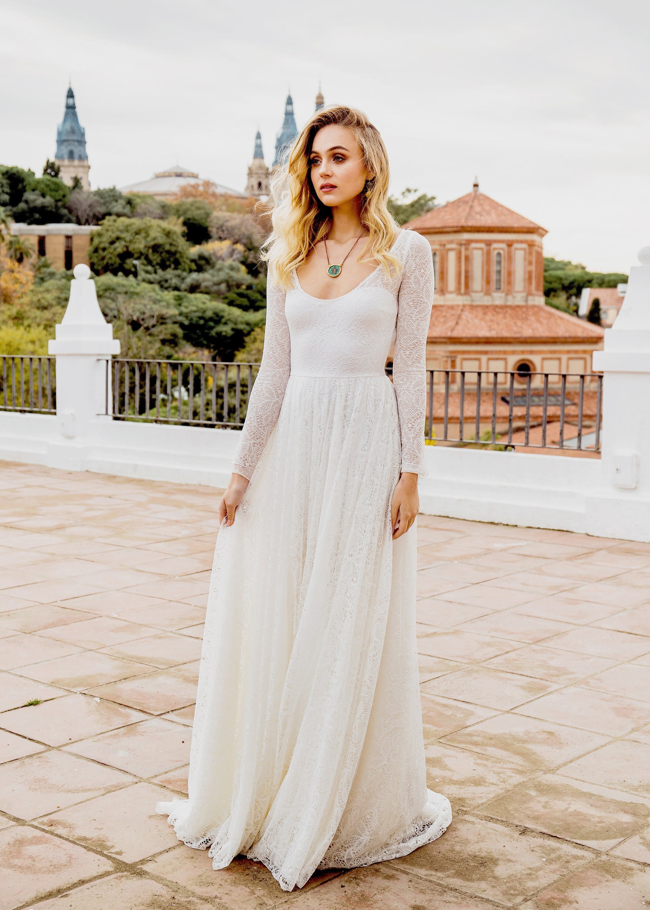 white lace country wedding dress
