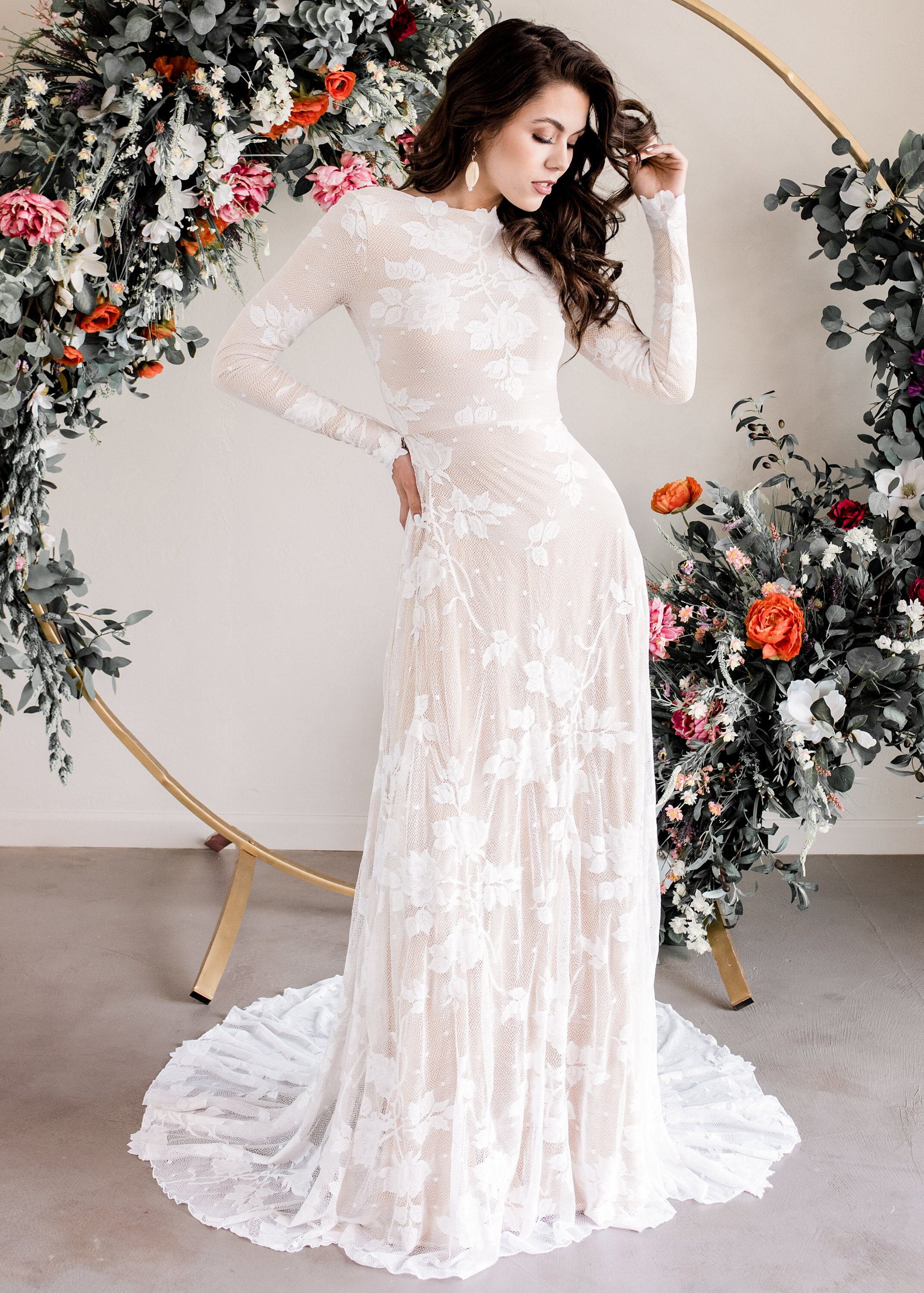 Open Back Boho Wedding Dress, Long Sleeve V-Back Bridal Gown, Simple Lace Bridal Dress With Sleeves, Ethically Made Gown - The Ellora Dress Open Back Boho Wedding Dress, Long Sleeve V-Back Bridal Gown, Simple Lace Bridal Dress With Sleeves, Ethically Made Gown - The Ellora Dress