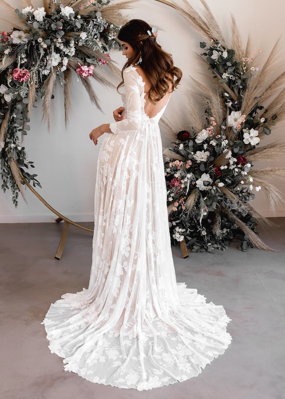 lace wedding dress with sleeves and open back
