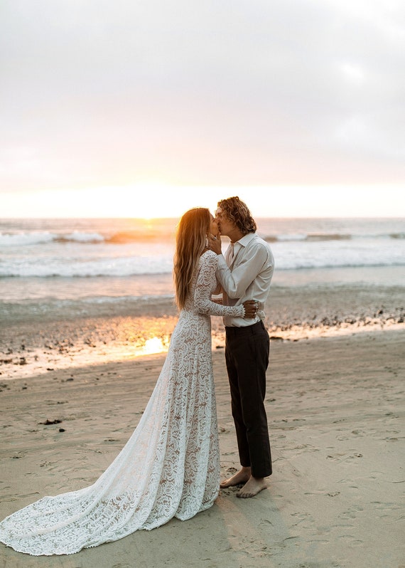 Long Sleeve Boho Wedding Dress, Open Back Lace Boat Neck Wedding