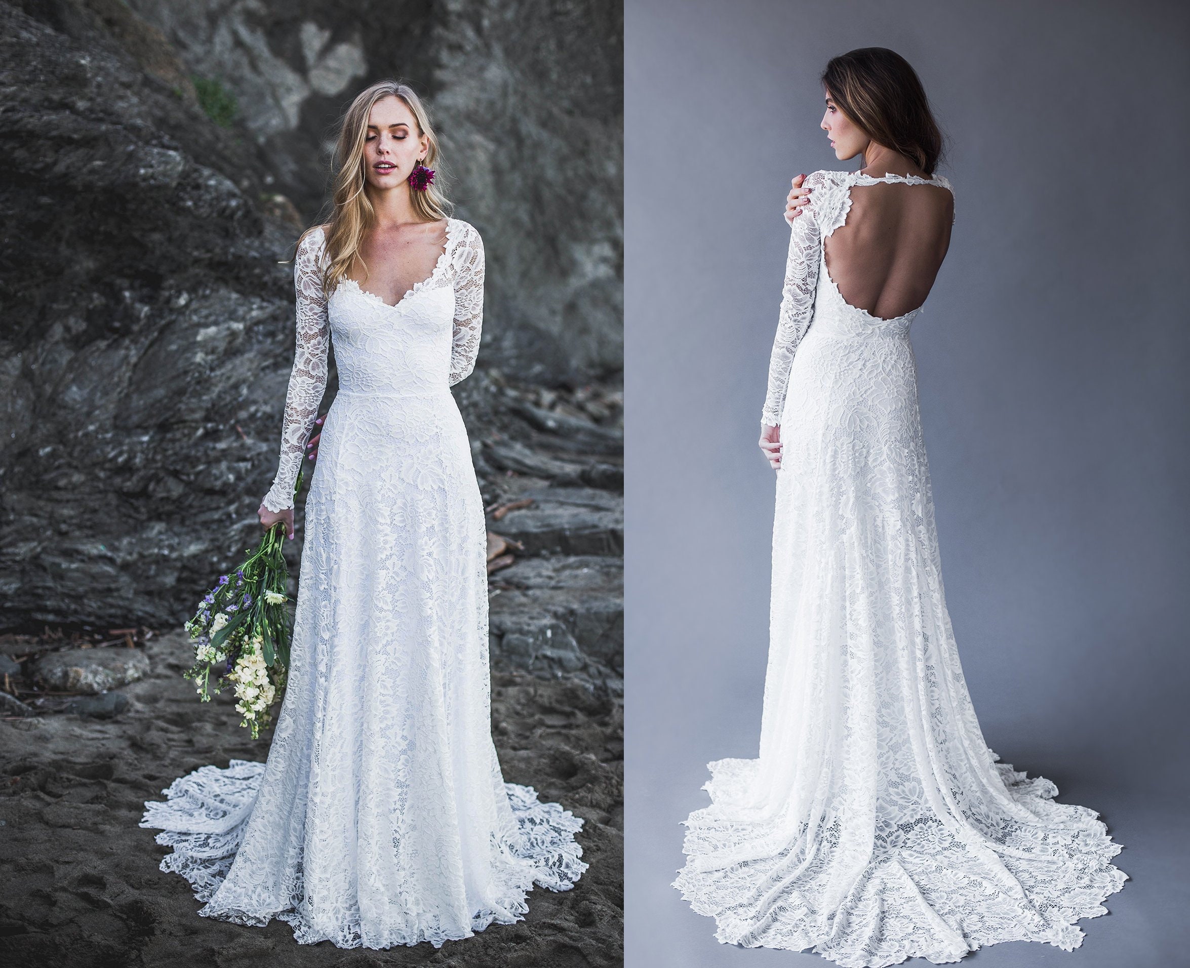 long sleeve open back wedding dress
