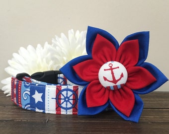 Dog collar, Nautical dog collar, anchor dog collar, sea dog collar, collar flower, dog flower, lifesaver dog collar,  patriotic dog collar