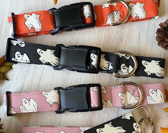 dog collar, halloween dog collar, halloween, pink, orange and black, ghost, glow in the dark, autumn, halloween collar, keychain, glow