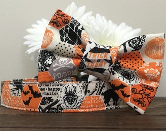 Halloween Dog Collar with Bow Tie, Ghost and Pumpkin, Spooky Pet Collar