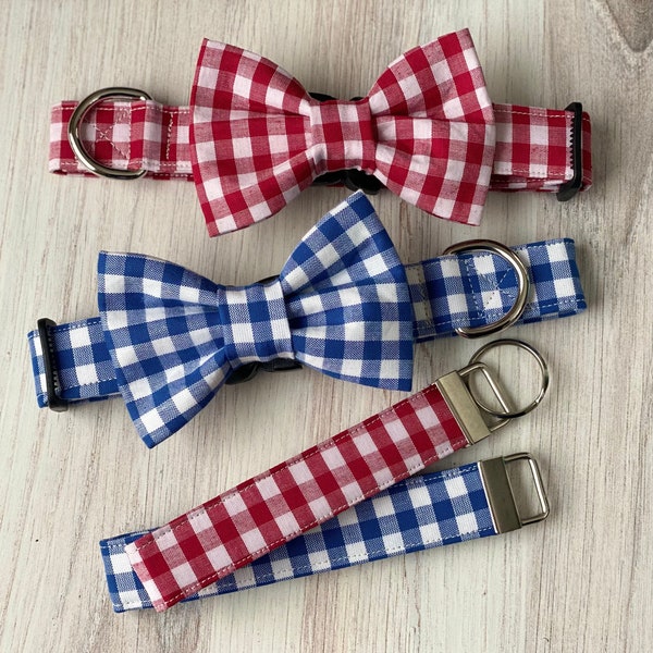 Dog collar, patriotic, red white and blue, gingham, checkered, plaid, collar with bow, bow tie, dog bow tie, 4th of July, Memorial Day