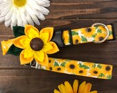 Dog collar, sunflower, sunflower dog collar, collar with bow, collar with flower, key fob, keychain, sunflower dog collar, collar flower