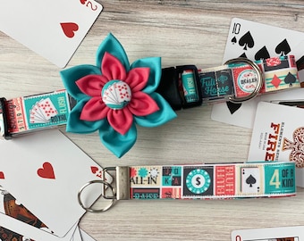 Dog collar, poker, poker theme, collar with flower, collar with bow, dog collar with flower, poker dog collar, ace, spade, cards, casino,