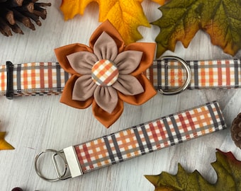 Dog collar, plaid, warm colors, flower, collar with flower, collar with bow, fall plaid, autumn plaid, plaid for girls, key fob , keychain