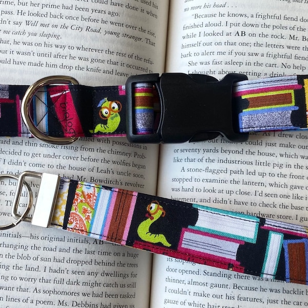 Dog collar, handmade, books, library, back to school, school, teacher, inch worm, worm, apple, book, book dog collar, keychain, keyfob,