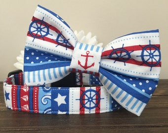 Nautical Dog Collar with Bow Tie, Anchor & Boat Design