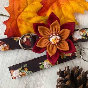 Dog collar, gnomes, gnome, fall, autumn, leaves, pumpkin, pie, collar with flower, flower, sunflower, bow, keychain, key fob image 1