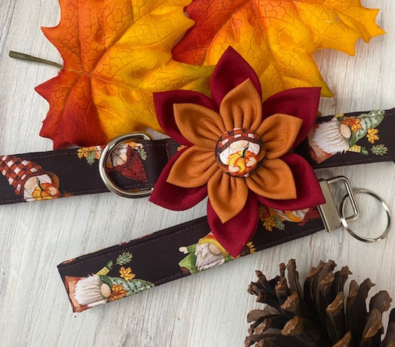 Dog collar, gnomes, gnome, fall, autumn, leaves, pumpkin, pie, collar with flower, flower, sunflower, bow, keychain, key fob image 1
