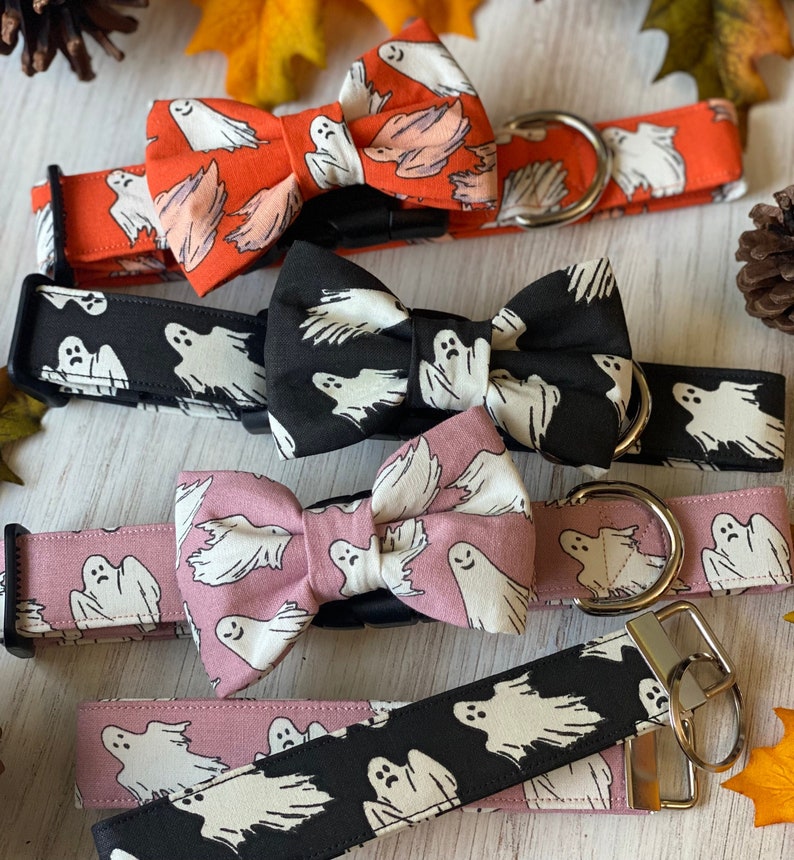 Dog collar, halloween dog collar, ghost, glow in the dark, ghost dog collar, pink, orange, black, collar with bow, bow tie, halloween, glow image 1