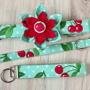 Dog collar, cherries , flower, bow, collar with bow, collar with flower, cherries, mint, blue, poplin dot, polka dot, leash, cherry, key fob