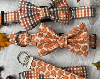 Dog collar, fall dog collar, thanksgiving dog collar, plaid dog collar, pumpkin dog collar, boy dog collar, dog collar bow tie, dog bow tie