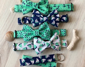 Dog collar, collar with bow, bow tie, nautical, anchor, lifesaver, boat, collar, nautical bow tie, aqual, navy, white, key fob, ocean, beach